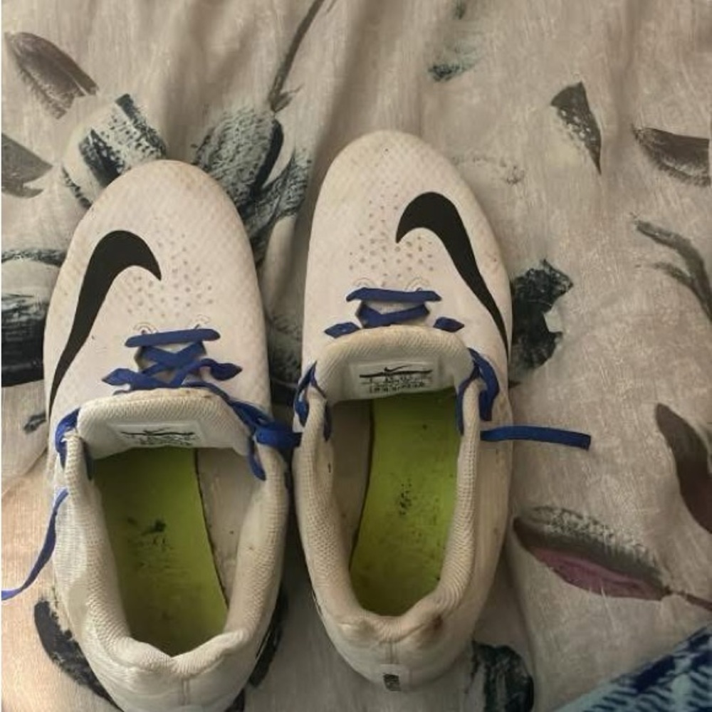 White Sneakers with Black Swoosh and Blue Laces